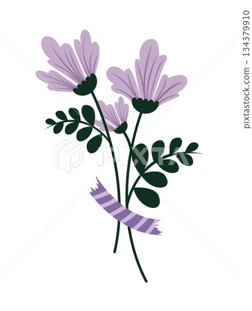 Flowers bouquet decoration attached by colorful washi tape. Floral pieces pretty romantic ornaments with sticker strips vector illustration Flowers bouquet decoration attached by colorful washi tape. Floral pieces pretty romantic ornaments with sticker strips vector illustration 134379910