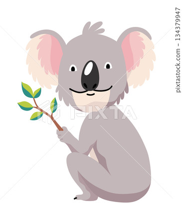 Cute koala character joyfully holding branch in its paw for support Cute koala character joyfully holding branch in its paw for support 134379947