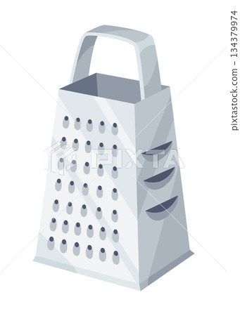 Stainless steel kitchen prep tool, Reflective box grater for versatile shredding, Professional kitchen scene featuring stainless steel grater with multiple culinary uses Stainless steel kitchen prep tool, Reflective box grater for versatile shredding, Professional kitchen scene featuring stainless steel grater with multiple culinary uses 134379974