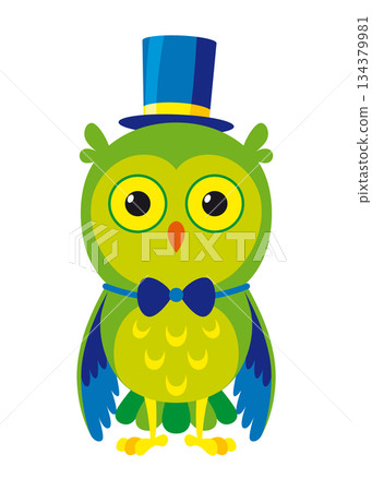 A pixel art illustration of an owl, dressed in a stylish top hat and a bow tie 134379981