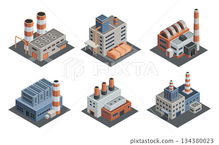 Factory isometric. Architecture of manufactures houses. Industrial buldings. 3d isolated icons. Concept of industrial working plants with chimney pipe tower 134380023