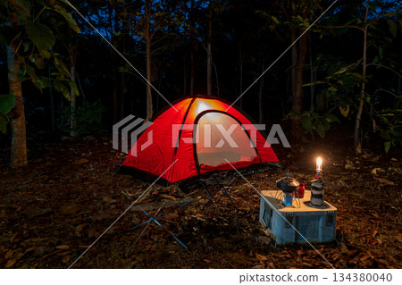 A tent set up in a green forest at night for outdoor camping and adventure A tent set up in a green forest at night for outdoor camping and adventure 134380040