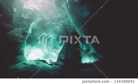 Within an enigmatic cave, soft turquoise light glows against dark rocky formations, creating a surreal atmosphere. Shadows dance as the light reveals hidden textures and contours. Within an enigmatic cave, soft turquoise light glows against dark rocky formations, creating a surreal atmosphere. Shadows dance as the light reveals hidden textures and contours. 134380042