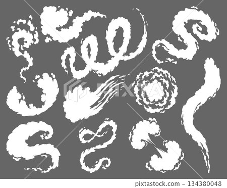 Smoke cloud icons in different forms. Vector special effects of puff and steam clouds, fire blast, smog and fume, dust or vapor template set. Cartoon design white elements of comic book Smoke cloud icons in different forms. Vector special effects of puff and steam clouds, fire blast, smog and fume, dust or vapor template set. Cartoon design white elements of comic book 134380048