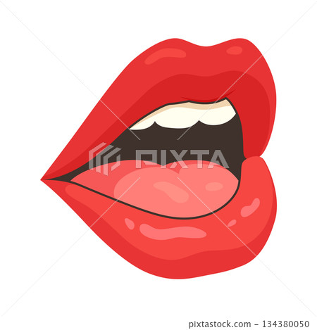 Red lip female. Woman expressed emotion, beauty concept. Modern flat vector design illustration 134380050