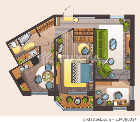 Interior plan in color. Detailed apartment furniture overhead top view. Room in flat style. House floor design project Interior plan in color. Detailed apartment furniture overhead top view. Room in flat style. House floor design project 134380054