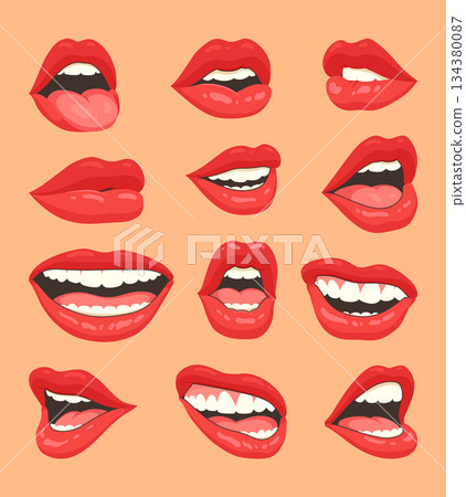 Red lips female collection. Women different emotion set. Biting, smile, kiss, beauty concept. Modern flat vector design illustration Red lips female collection. Women different emotion set. Biting, smile, kiss, beauty concept. Modern flat vector design illustration 134380087