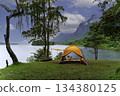 Summer camping adventure in the forest with a tent among green trees and grass 134380125