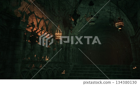 Mysterious stone arches tower over a dimly lit cavern, where flickering candles cast dancing shadows. Lanterns hang above, enhancing the enchanting and eerie ambiance of this underground space. Mysterious stone arches tower over a dimly lit cavern, where flickering candles cast dancing shadows. Lanterns hang above, enhancing the enchanting and eerie ambiance of this underground space. 134380130