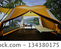 Camping tent, view from inside the tent to see the view outside the mountain, forest, lake, camping tent on a high mountain 134380175