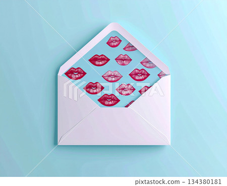 Place for text. Post envelope with cute red kisses decoration. Valentine's Day concept. 134380181
