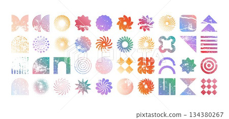 Colorful geometric shapes, modern grunge symbols. Simple primitive elements and forms, distressed details. Retro design, aged, vintage, trendy contemporary minimalist style, y2k. Vector illustration Colorful geometric shapes, modern grunge symbols. Simple primitive elements and forms, distressed details. Retro design, aged, vintage, trendy contemporary minimalist style, y2k. Vector illustration 134380267