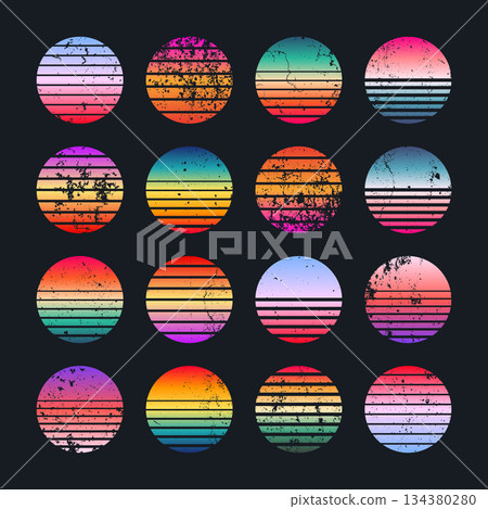 Grunge vintage colorful sunset. Striped gradient sunrise badges in 80s and 90s style. Sun and ocean view, summer vibes, surfing. Design element for print, logo or t-shirt. Vector illustration Grunge vintage colorful sunset. Striped gradient sunrise badges in 80s and 90s style. Sun and ocean view, summer vibes, surfing. Design element for print, logo or t-shirt. Vector illustration 134380280