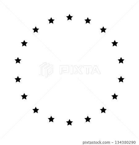 Stars of various sizes arranged in a circle. Round frame, border. Black star outline, simple symbol. Design element, ornament. Line art. Vector illustration Stars of various sizes arranged in a circle. Round frame, border. Black star outline, simple symbol. Design element, ornament. Line art. Vector illustration 134380290