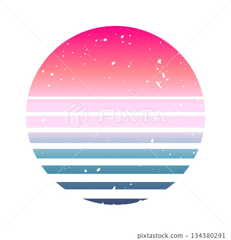 Vintage colorful sunset. Striped gradient sunrise badge in 80s and 90s style. Sun and ocean view, summer vibes, surfing. Design element for print, logo or t-shirt. Vector illustration Vintage colorful sunset. Striped gradient sunrise badge in 80s and 90s style. Sun and ocean view, summer vibes, surfing. Design element for print, logo or t-shirt. Vector illustration 134380291