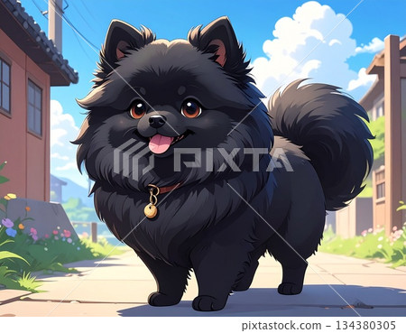 Black Pomeranian cartoon illustration 134380305