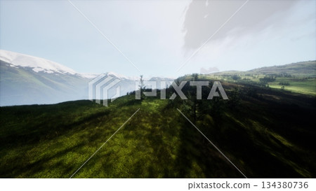 Vast green hills stretch under a bright sky, where distant snowy mountains rise majestically. Shadows dance across the terrain, creating a serene and captivating view. 134380736