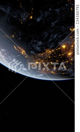 A stunning view of Earth from space highlighting bright city lights across the landscape against the backdrop of the deep black universe. The beauty of our planet shines vividly at night. 134380791