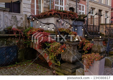 Vines grow on a stone wall with lights at an old building in fall season 134380817