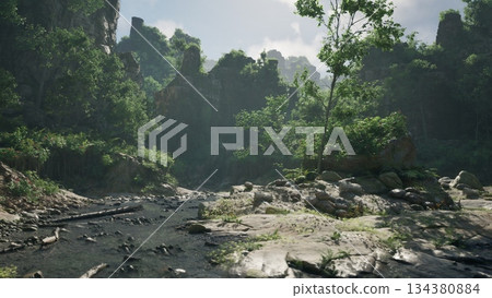 A tranquil river flows through a stunning valley, embraced by towering rock formations and vibrant green trees. The soft sunlight filters through the foliage, creating a peaceful ambiance. A tranquil river flows through a stunning valley, embraced by towering rock formations and vibrant green trees. The soft sunlight filters through the foliage, creating a peaceful ambiance. 134380884