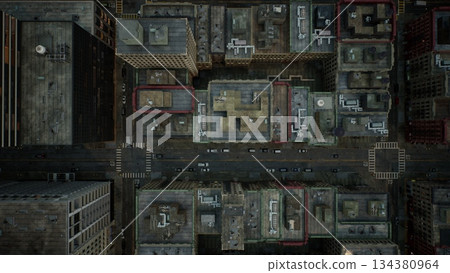 Aerial view captures the detailed layout of modern city buildings with busy streets below. The scene showcases the vibrant architecture and urban life. Aerial view captures the detailed layout of modern city buildings with busy streets below. The scene showcases the vibrant architecture and urban life. 134380964
