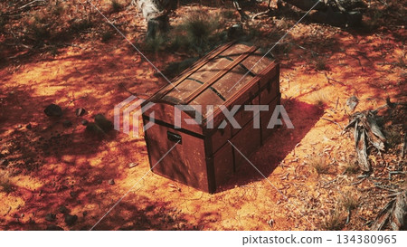 A wooden treasure chest stands alone on the vibrant orange ground, surrounded by trees and scattered rocks, inviting curiosity and adventure in this serene forest setting. 134380965
