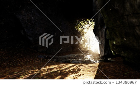Sunlight pours into a dark cave, revealing sparkling water and lush greenery. The scene is serene, with soft shadows playing on the ground, inviting exploration and wonder. 134380967