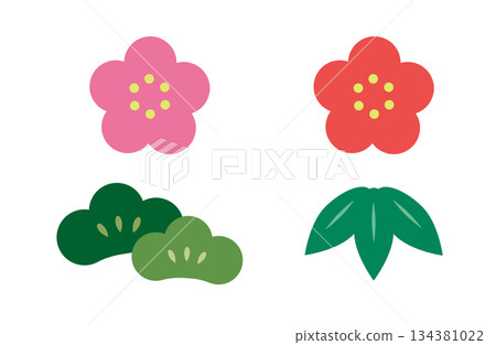 Plum and pine leaf illustration set 134381022
