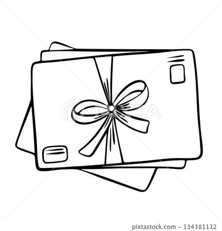 Hand-drawn illustration of several paper envelopes tied with ribbon. Sending a parcel with a postcard. Outline doodle illustration of a stack of letters. Hand-drawn illustration of several paper envelopes tied with ribbon. Sending a parcel with a postcard. Outline doodle illustration of a stack of letters. 134381112