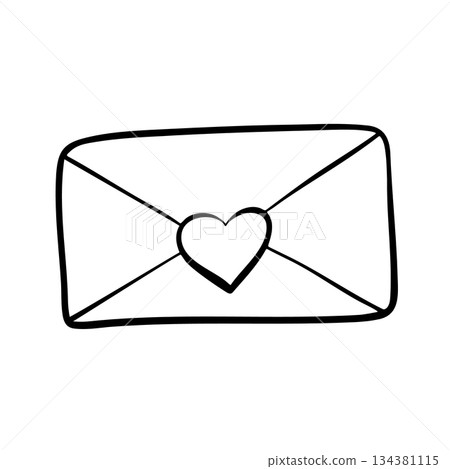 Hand-drawn paper envelope with a heart. Sending a parcel with a postcard. Outline doodle illustration of a letter. 134381115