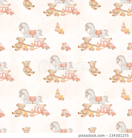 Seamless pattern with vintage teddy bear, drum and horse, hand drawn watercolour illustrations isolated on white background for nursery or textile 134381255