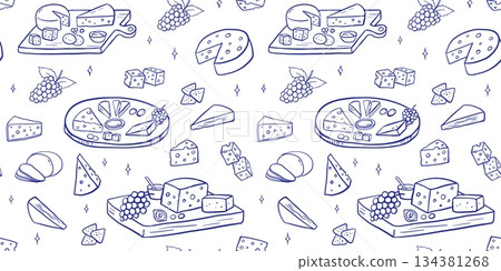 Seamless pattern with cheese platter in doodle style with various gourmet pieces. Line art illustrations, camembert, cheddar, grapes on charcuterie board. Seamless pattern with cheese platter in doodle style with various gourmet pieces. Line art illustrations, camembert, cheddar, grapes on charcuterie board. 134381268