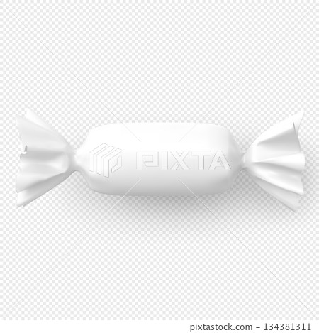 Realistic round candy in a blank white wrapper with curled ends. 134381311