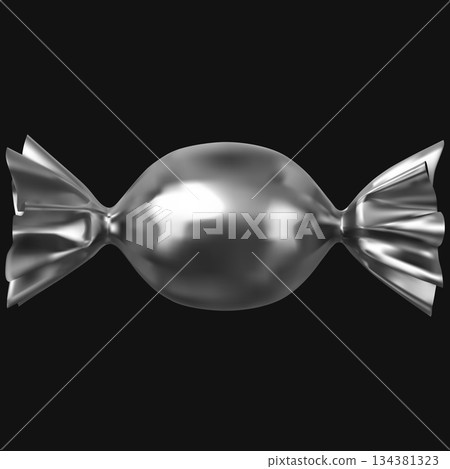 Realistic round candy in a metallic wrapper, isolated on a black background. 134381323