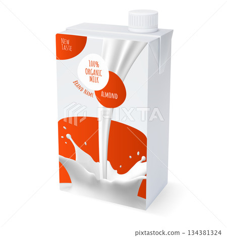 Almond milk packaging mockup with a vibrant red design and a closed container. Almond milk packaging mockup with a vibrant red design and a closed container. 134381324
