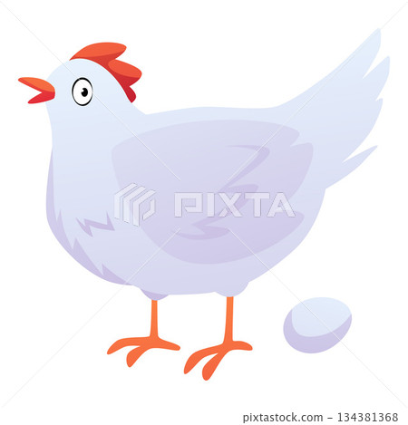White cartoon chicken with one egg, isolated background. 134381368