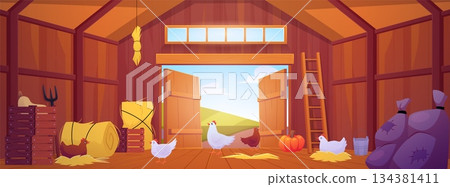 Wooden barn interior, vector cartoon haystack, chicken coop, crop bags, garden tools, farming rural building 134381411