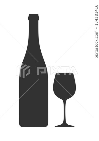 葡萄酒瓶和葡萄酒杯輪廓圖標 134381416
