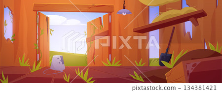 Destroyed and abandoned wooden barn, vector cartoon damaged shed with open gates, empty rural farmhouse hangar building 134381421