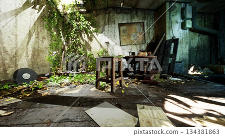 Sunlight filters through a cracked ceiling, illuminating an overgrown room. A simple wooden stool sits amidst scattered papers and greenery, creating a peaceful yet haunting atmosphere of abandonment. Sunlight filters through a cracked ceiling, illuminating an overgrown room. A simple wooden stool sits amidst scattered papers and greenery, creating a peaceful yet haunting atmosphere of abandonment. 134381863