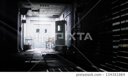A dimly lit corridor stretches into the distance, shadows creeping along the walls. A single chair rests in the center, surrounded by scattered debris, evoking mystery and intrigue. A dimly lit corridor stretches into the distance, shadows creeping along the walls. A single chair rests in the center, surrounded by scattered debris, evoking mystery and intrigue. 134381864