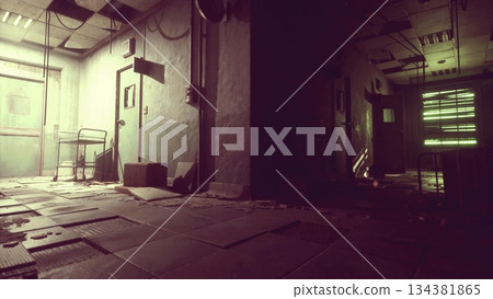 An eerie corridor with peeling walls and scattered debris captures the haunting beauty of neglect. Dim light filters through cracks, creating a captivating atmosphere of mystery. An eerie corridor with peeling walls and scattered debris captures the haunting beauty of neglect. Dim light filters through cracks, creating a captivating atmosphere of mystery. 134381865