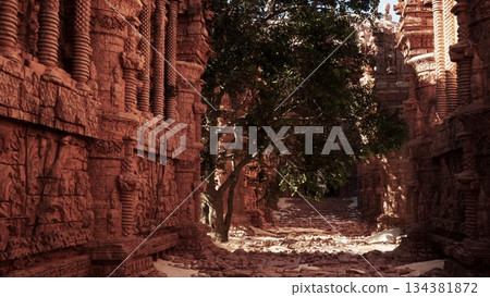 Exploring a serene pathway between towering stone walls adorned with detailed carvings. Exploring a serene pathway between towering stone walls adorned with detailed carvings. 134381872