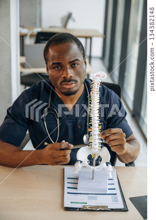 Human spine toy model on the table. Professional doctor is in his office indoors Human spine toy model on the table. Professional doctor is in his office indoors 134382148