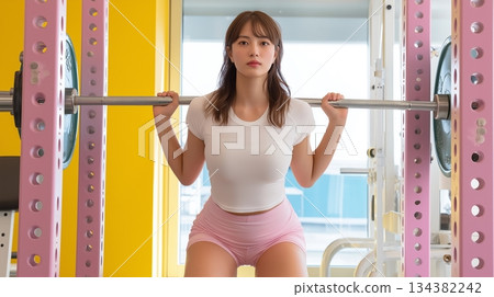 Young woman doing bench press in training gym 134382242