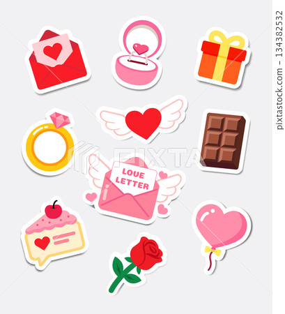 Cute Valentine's Day Sticker Icon Set - Love Elements Collection with Ring, Rose & Heart Cute Valentine's Day Sticker Icon Set - Love Elements Collection with Ring, Rose & Heart 134382532