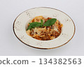 Pasta Bolognese with tomato sauce in white bowl on a white background 134382563