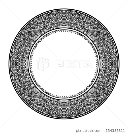 Decorative round frame.Round Kazakh national ornament, persian motiff. Abstract Patterns of Turkic peoples, Kazakh, Kyrgyz, Mongol. Islam, Arabic, Indian, ottoman motif. Medallion, embroidery, plate 134382811