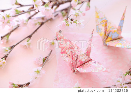 Chiyogami cranes and Keiou cherry blossoms 134382816