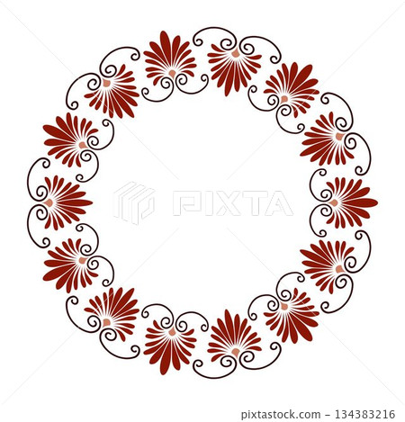 Seamless classic Greek ornament. Round frame with red flowers on white background. Ancient Greece, Roman Empire. Classic Endless pattern frame border. Typical egyptian, assyrian, greek motives 134383216